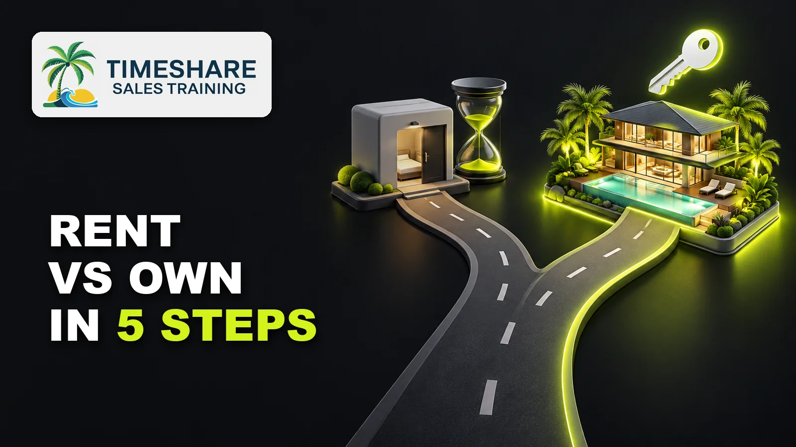 A road splitting in two: one path to a small gray hotel room and an hourglass, the other to a glowing resort villa with a key