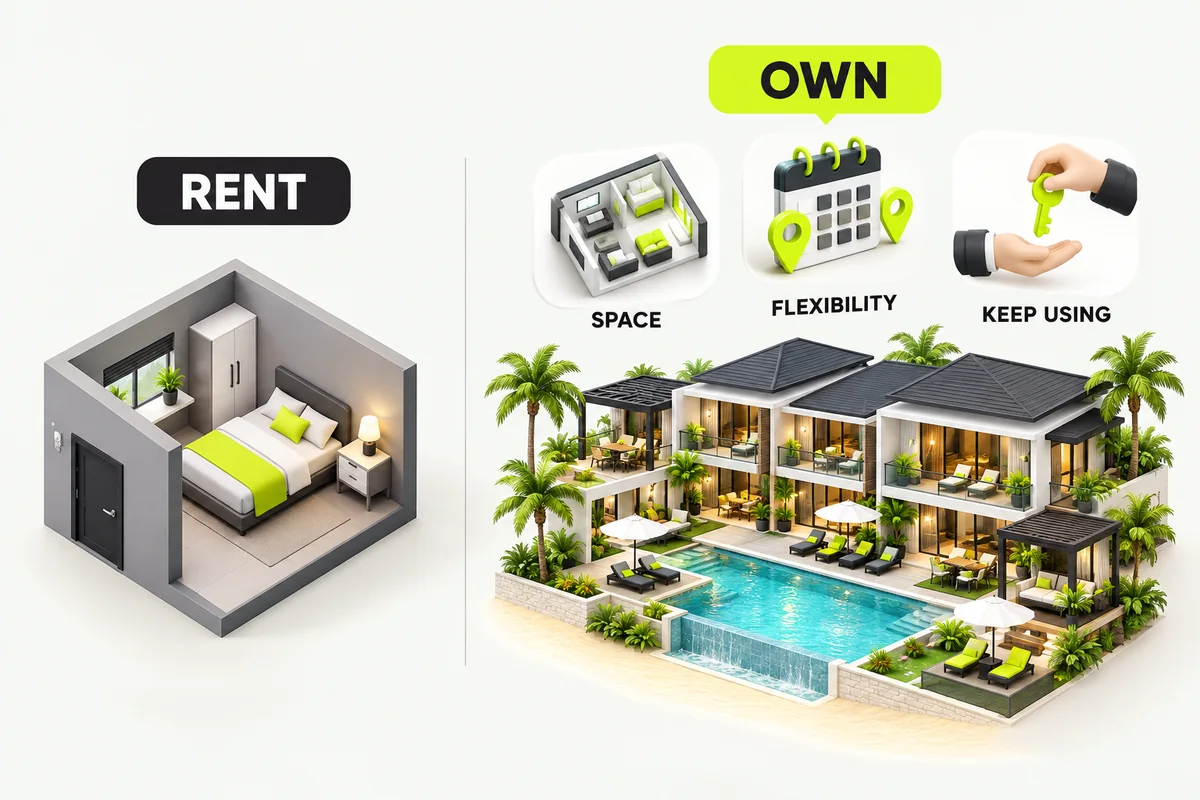 Side by side: a small room labeled rent and a larger vacation resort labeled own, with icons for space, flexibility and keep using