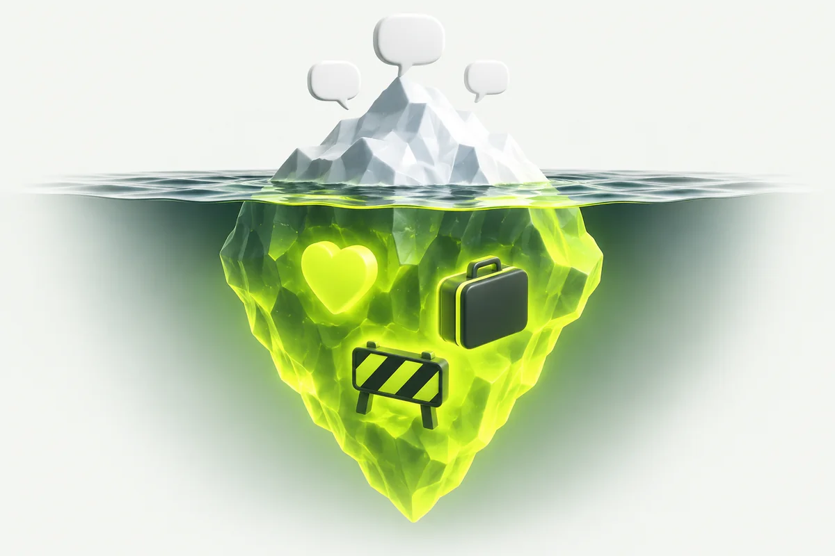 An iceberg with small speech bubbles above the water and a heart, a suitcase and a road barrier hidden below