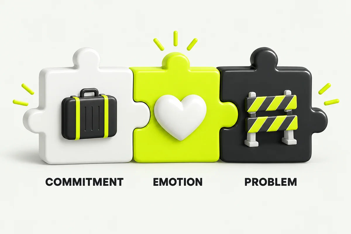 Three puzzle pieces fitting together, labeled commitment, emotion and problem