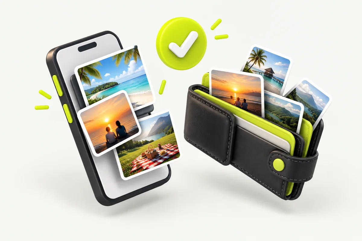 A phone and an open wallet with vacation memory photos coming out of them and a check mark above
