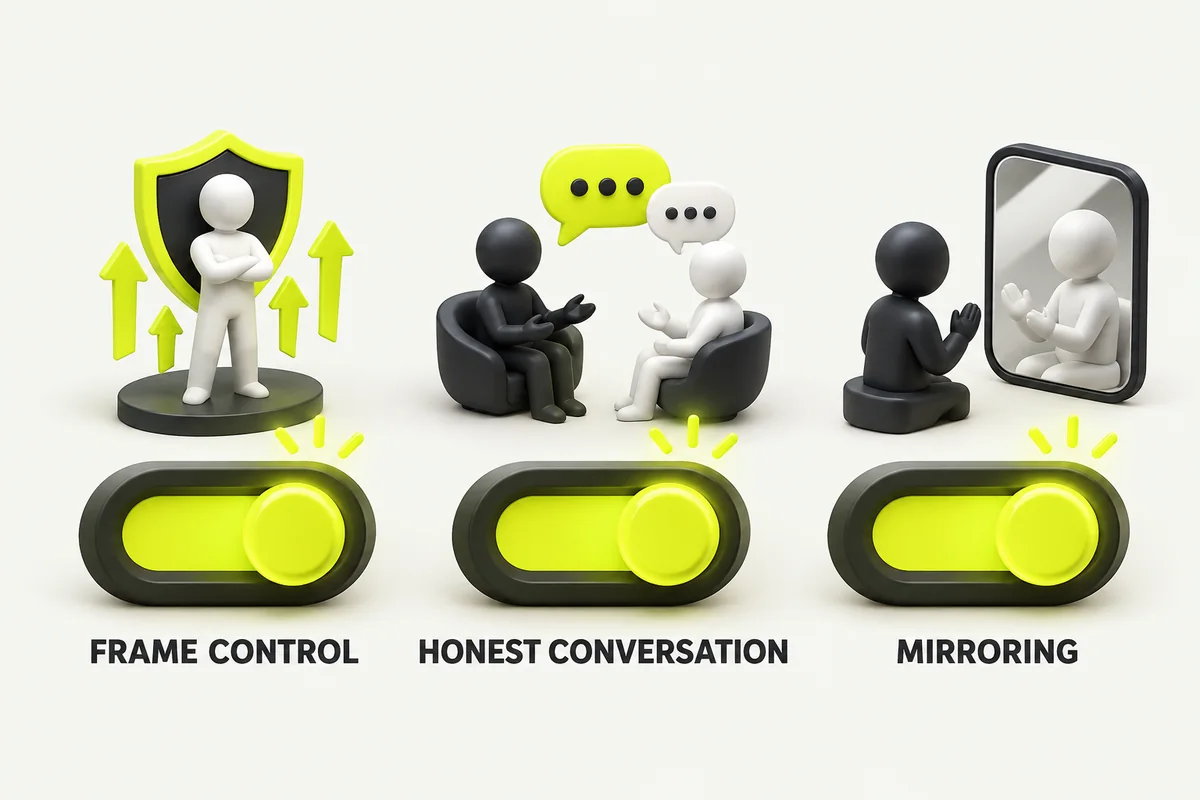 Three switches turned on, labeled frame control, honest conversation and mirroring