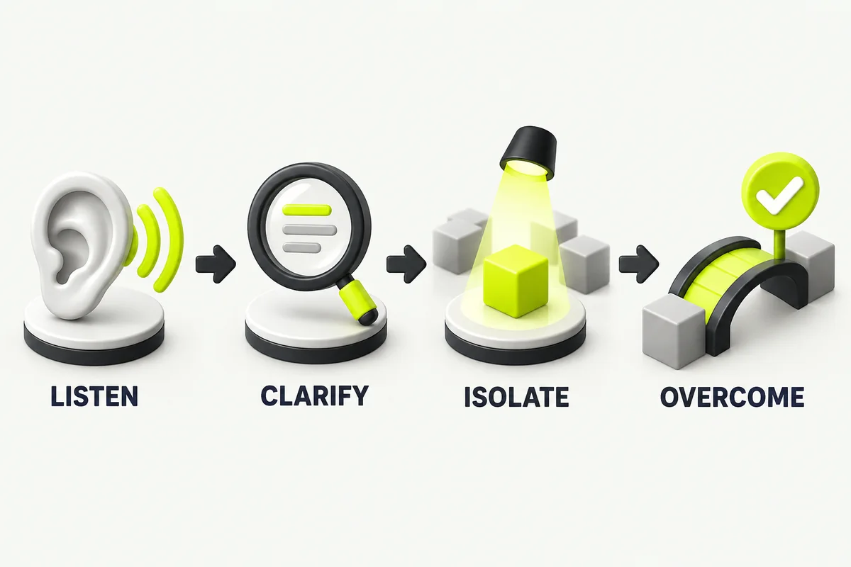 Four steps on a path: an ear, a magnifying glass, a spotlight on one cube and a check mark, labeled listen, clarify, isolate and overcome