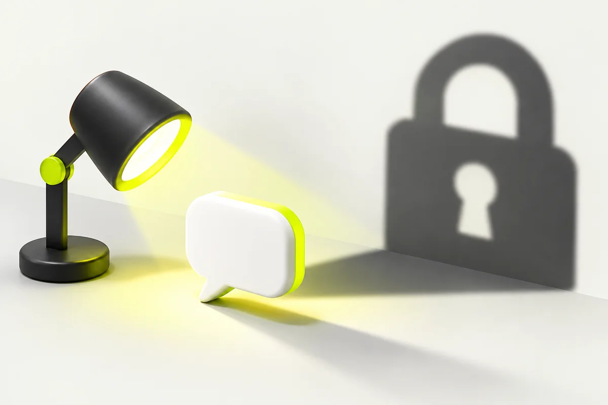 A small speech bubble casting a large shadow shaped like a padlock