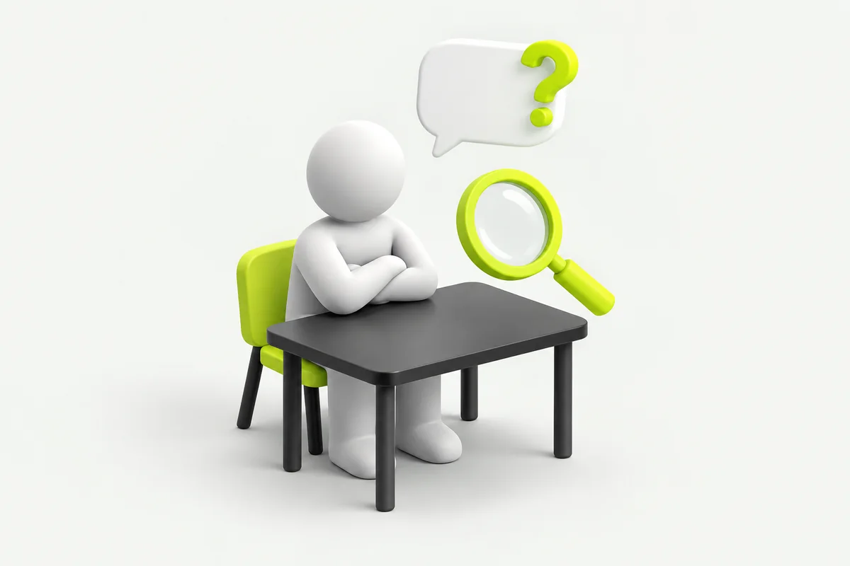 A faceless figure at a table with arms crossed, a speech bubble with a question mark above and a magnifying glass looking at the crossed arms